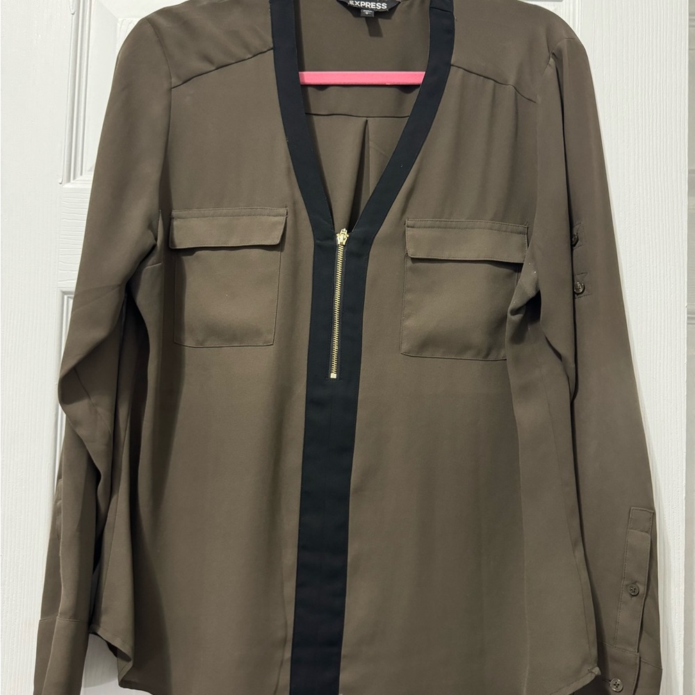 Express Olive Blouse with Black Accents